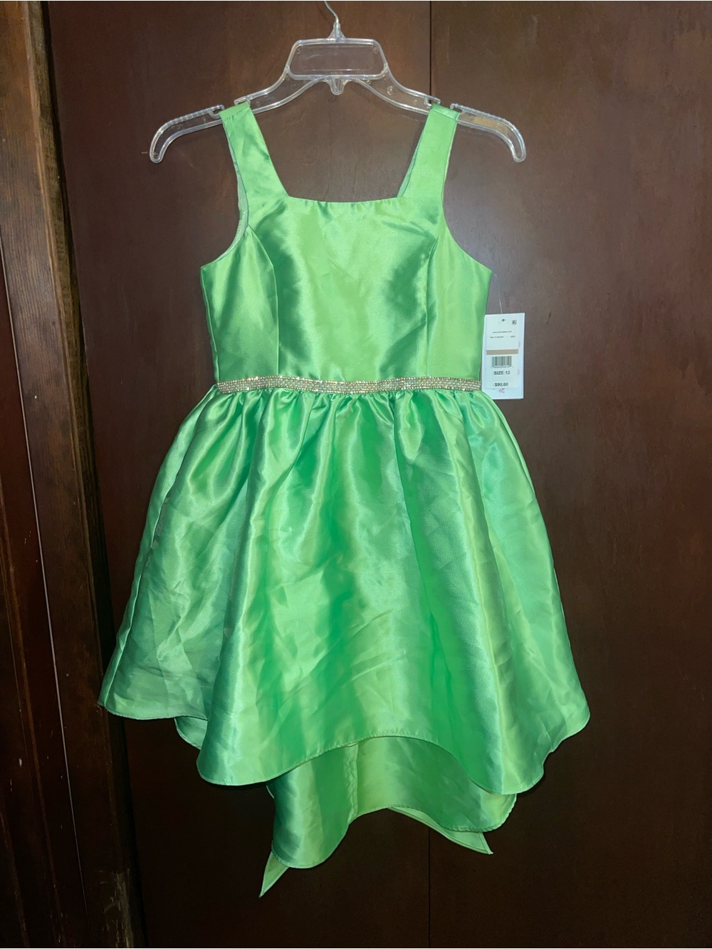 Bonnie Jean Lime Green Satin High-Low Party Dress with Jeweled Waist